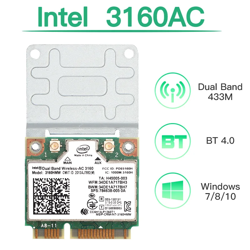 Dual Band 433Mbps 2.4G/5Ghz 802.11ac Wireless Mini PCI-e Wifi Card 3160HMW Bluetooth-compatible 4.0 For PC Laptop Windows 7/8/10