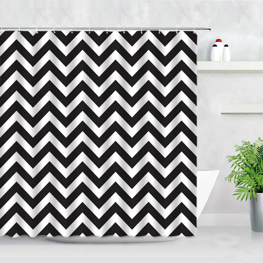 3D Black White Wave Stripe Shower Curtains Geometric Pattern Bohemian Nordic Style Modern Simple Home Decor Bathroom Curtain Set