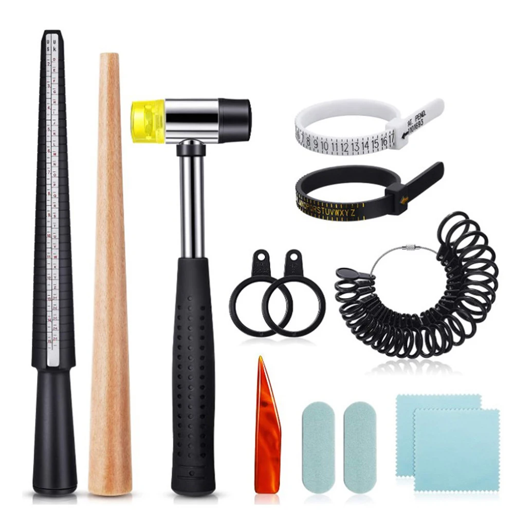 

Jewelry Measuring Tool Set Ring Sizer Mandrel Stick Finger Gauge Plastic Hammer Clamp Polishing Cloth Ring Repair Tools