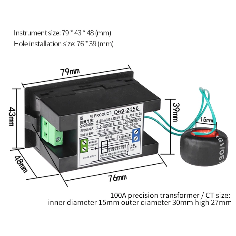 D69-2058 Voltmeter Current Ammeter Power Factor Electric Energy Frequency Meter Digital Panel Wattmeter LCD VOLT AMP