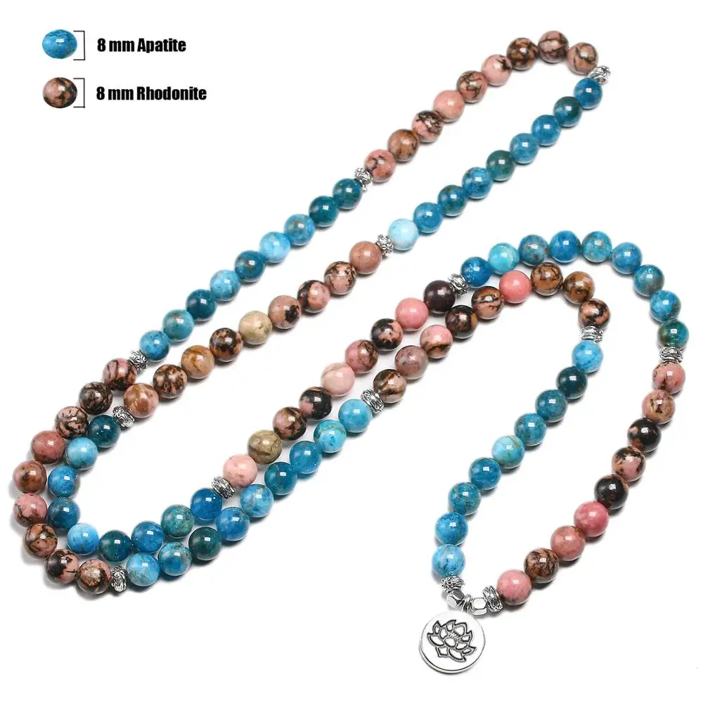 108 Mala Bracelet For Men Natural Apatite And Rhodonite 8MM Beads Bracelets Women Yoga Meditation Lotus Pendant Charm Jewelry