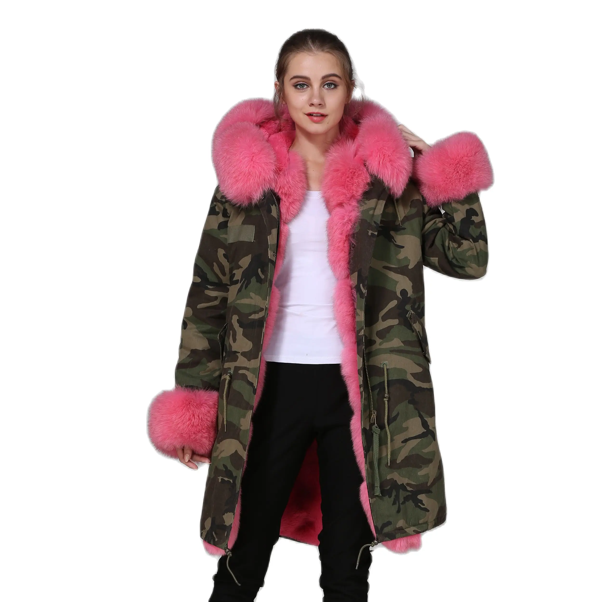 

Russian Style Camouflage Parka Winter Women Long Coat Pinkish Faux Fur Lining With Fox Fur Cuffs And Collar Ladies Overcoat