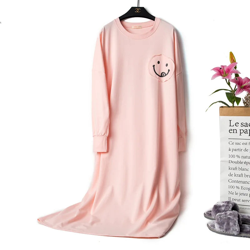 Women's Autumn New Cotton Round Neck Nightdress Smiling Face Expression Long Sleeves Pajamas One Size Ultra Loose Maternity Wear