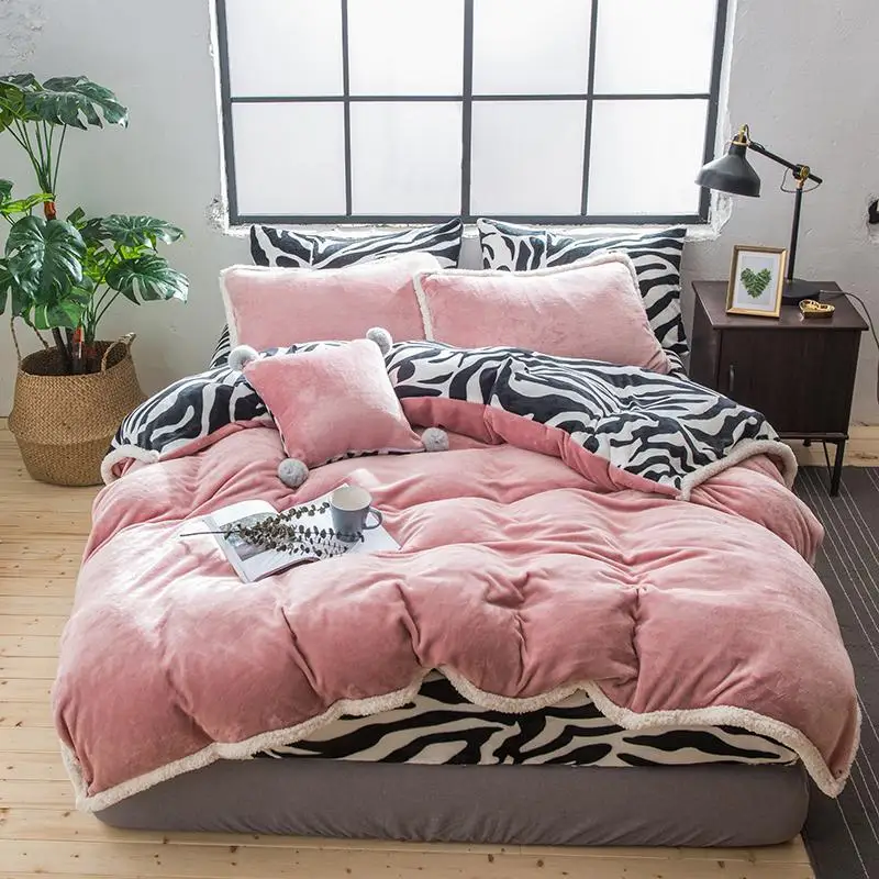 J1 Fleece Fabric Bedding Set Velvet Flannel Duvet Cover Black White Zebra Pattern Bed sheet/Linen Pillowcase