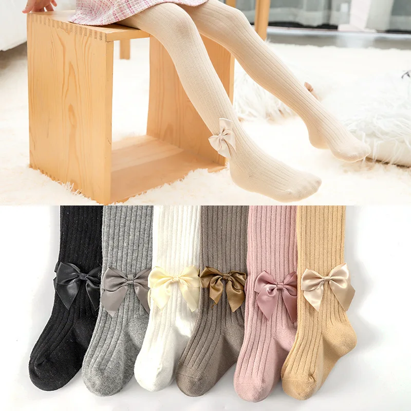 Cotton Children Pantyhose Spring Summer Pure Color Bowknot Deco Black Tights For Girls Knitted Cute Kids Stockings Suitable 2-8Y