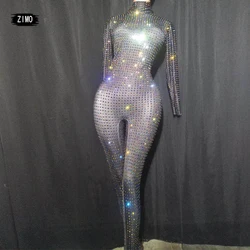 Sexy AB Rhinestone Women long sleeve Jumpsuit Party Tight Fitting Black Rompers Singer Dancer nightClub stage designer clothes