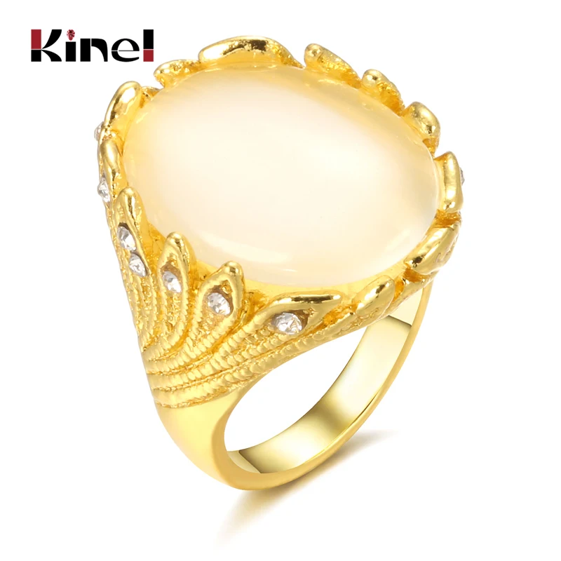 Kinel Hot Oval Opal Rings For Women Fashion Gold Color Vintage Jewelry Crystal Petals Ring Boho Ethnic Wedding Jewelry