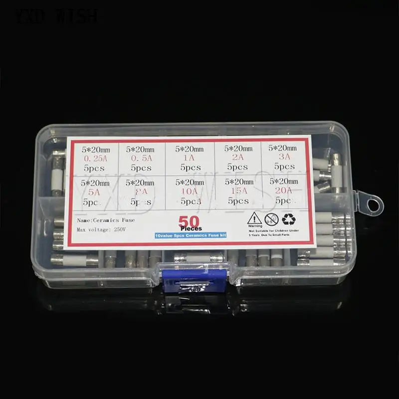 50pcs Ceramics Fuses Kit 5mm x 20mm  0.25A  0.5A 1A 2A 3A 5A 8A 10A 15A 20A 250V Fuse 5*20 Protective Insurance Tube Set