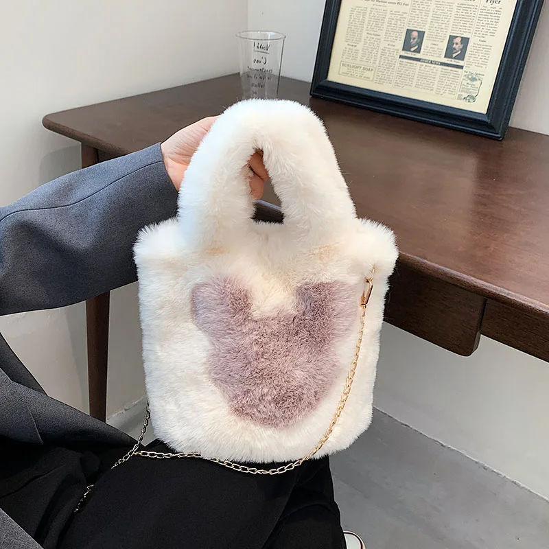 Furry Luxury Designer Handbag Cartoon Mouse Plush Tote Bag For Women 2021 New Soft Fluffy Bags Faux Fur Shoulder Bags Chain Sac