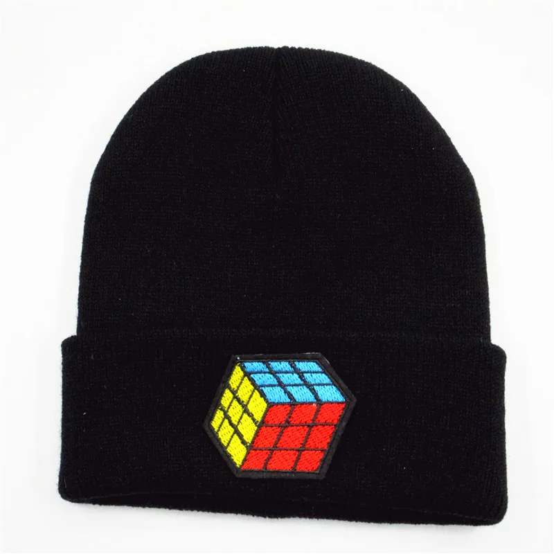 Cotton Cartoon Cube Embroidery Thicken Knitted Hat Winter Warm Hat Skullies Cap Beanie Hat for Men and Women 194