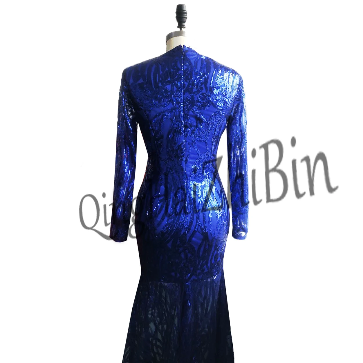 N215 Elegante Royal Blue Moda V-Neck Mangas Compridas Zipper Sereia/Trompete Sequins Vestido de Noite/Vestidos Formais Frete Grátis