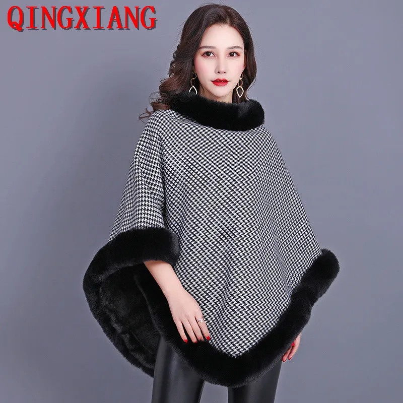 

5 Colors Women Cape Houndstooth Poncho Knitted O Neck Shawl Coat Velvet Lining Warm Pullover Winter Faux Fox Fur Out Street Wear