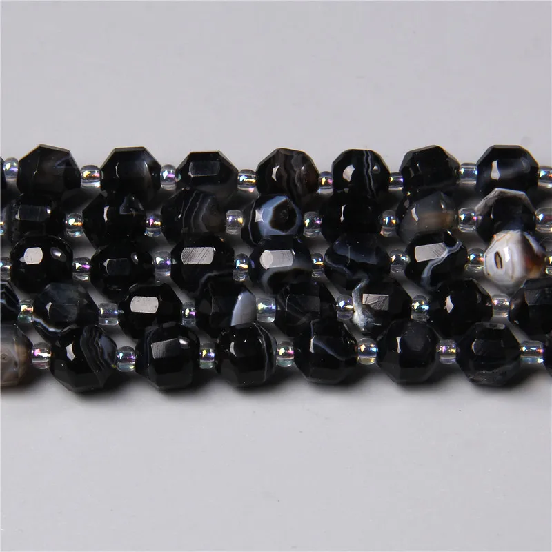 Natural Faceted Black Striped Agates Stone Beads Cylinder Column Shape Loose Spacer Beads Charms for Jewelry Making DIY Bracelet