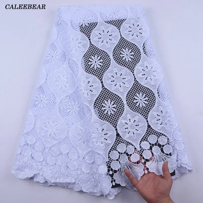 

Pure White Nigerian Guipure Cord Lace Fabric 2020 High Quality Lace Embroidered African Milk Silk Lace Fabric For Wedding S1983