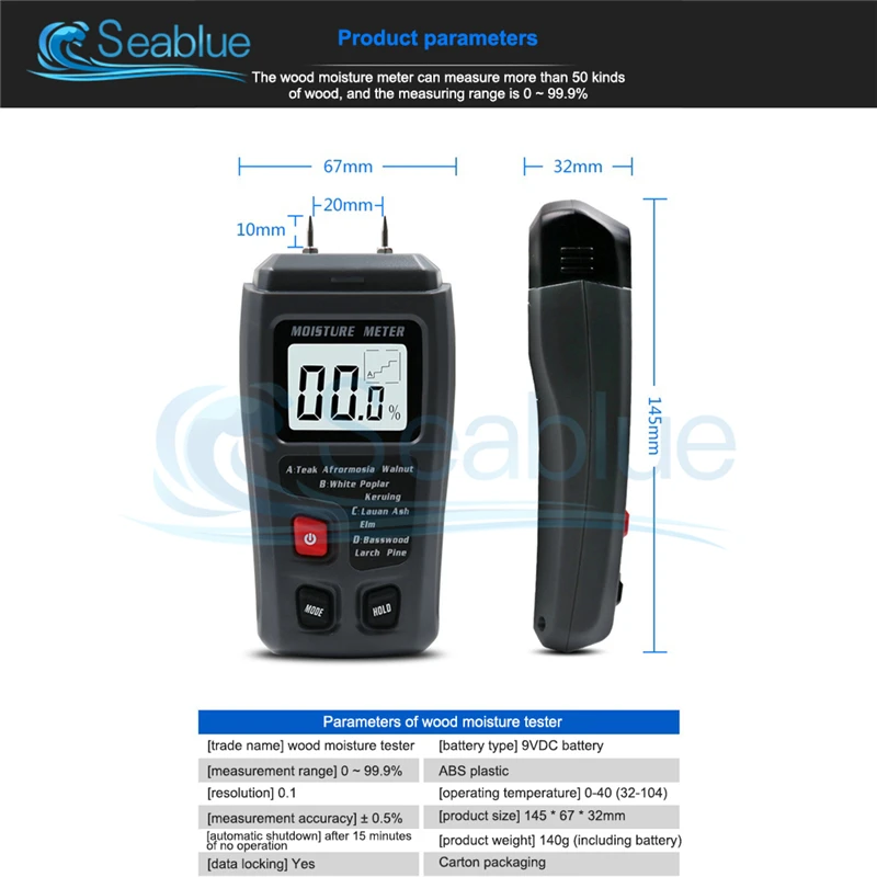 EMT01 0-99.9% Two Pins Digital Wood Moisture Meter Wood Humidity Tester Hygrometer Timber Damp Detector Large LCD Display