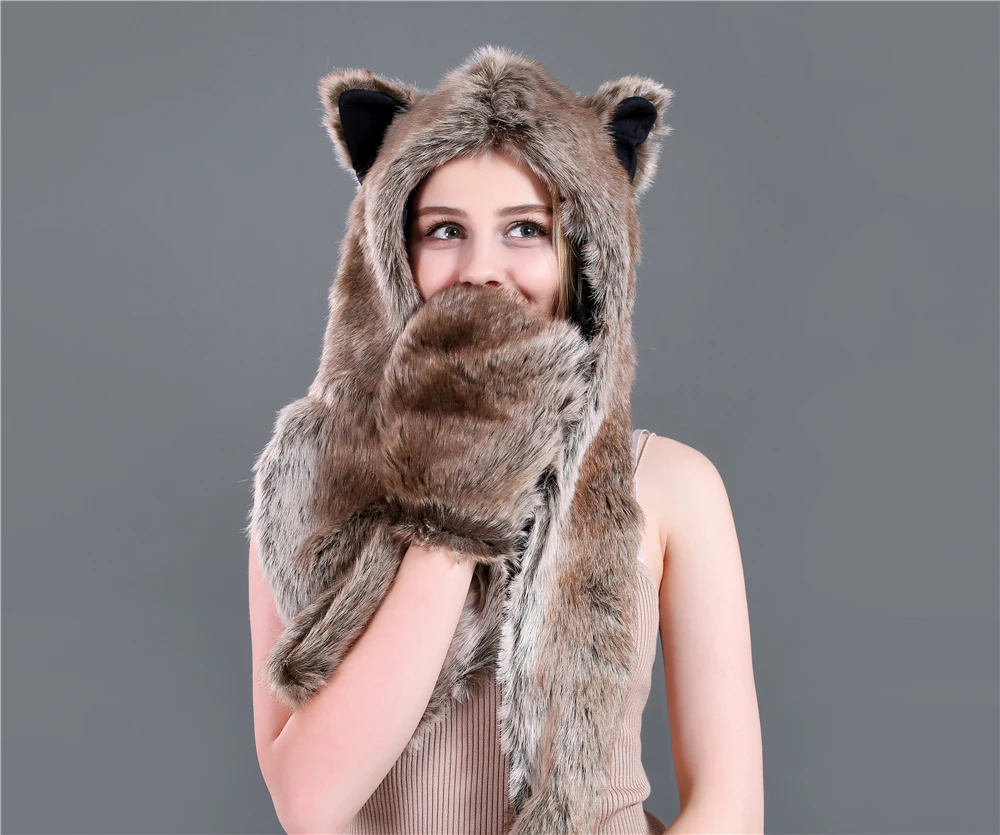 Chapeau en fausse fourrure pour femme, écharpe chaude, motif de dessin animé léopard, gants en fourrure animale, cadeau de noël, hiver, T01