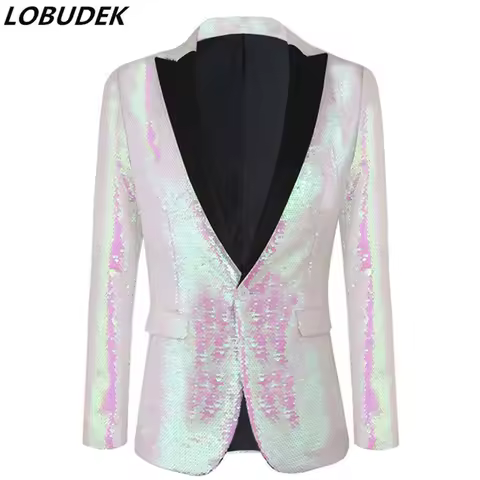Pink White Shawl Collar Shiny Sequins Suit Jacket Fashion Men Wedding Groom Tuxedo Blazers Bar Club Singer Host Stage Suit-Coat