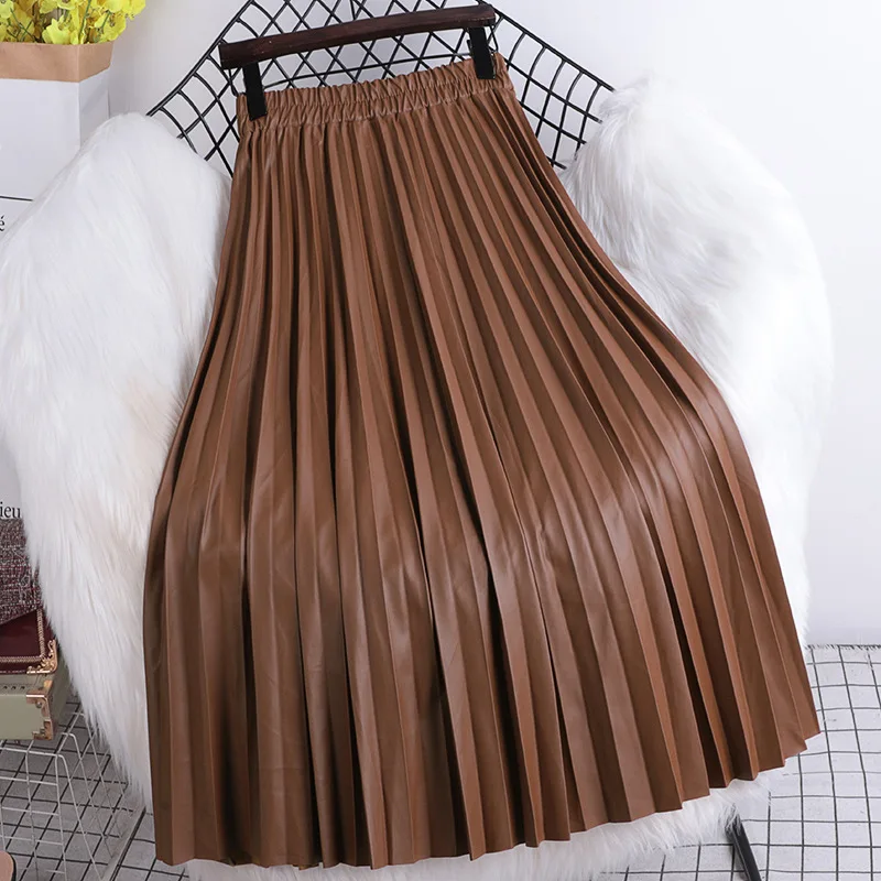 2024 Autumn Winter New Elastic High Waist Slim Simple Solid Color Pu Leather Skirt Casual Loose Women Long Skirt Free Shipping