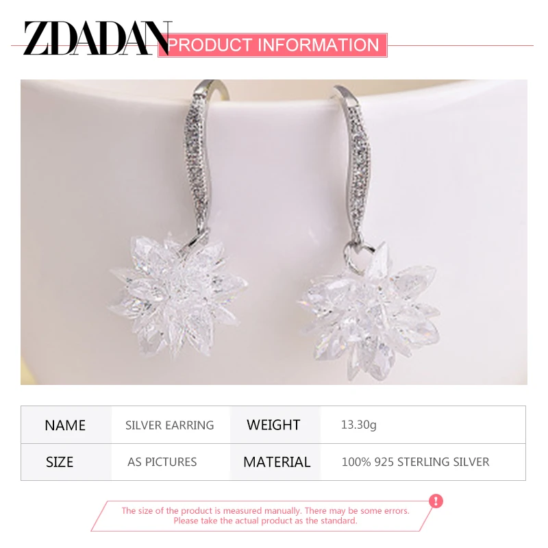 ZDADAN 925 Sterling Silver Ice Snow Flower Tassel Dangle Earrings For Fashion Women Temperament Earring Jewelry Accessories Whol