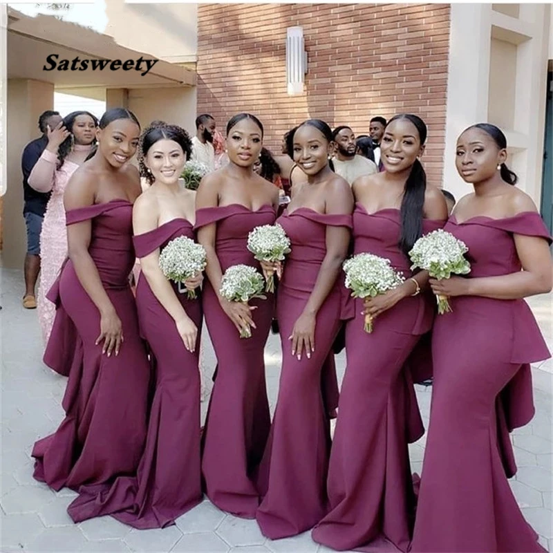 Burgundy Bridesmaid Dresses Sweetheart Floor Length Sweep Train Zipper Silk Satin Pleated Bow Wedding Party Bridemaid Dresses