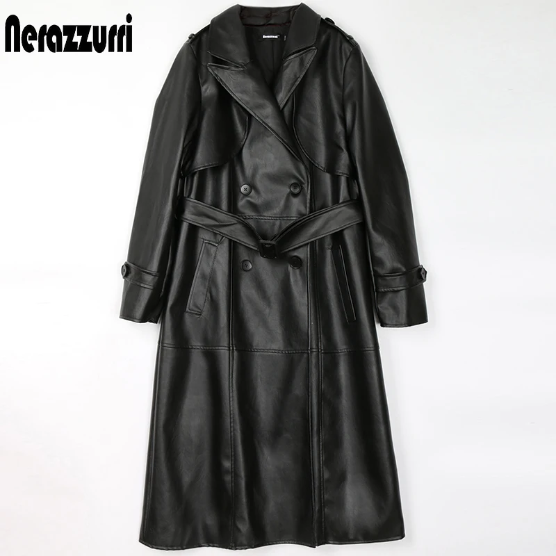 Nerazzurri Spring Brown Long black faux leather trench coat for women long sleeve belt Double breasted womens fall fashion 7xl