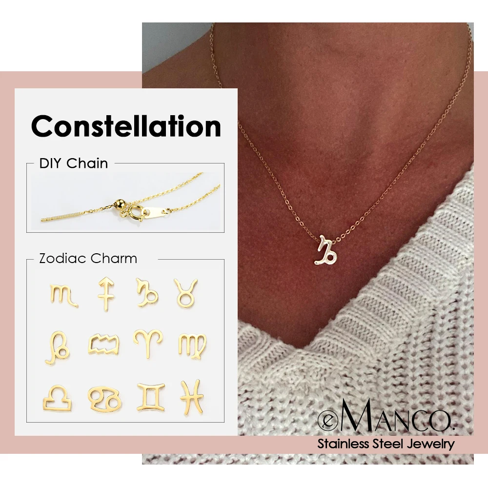 eManco New DIY Chain Constellation Necklace Detachable Women Antique Style Design 12 Horoscope Stainless Steel Necklace