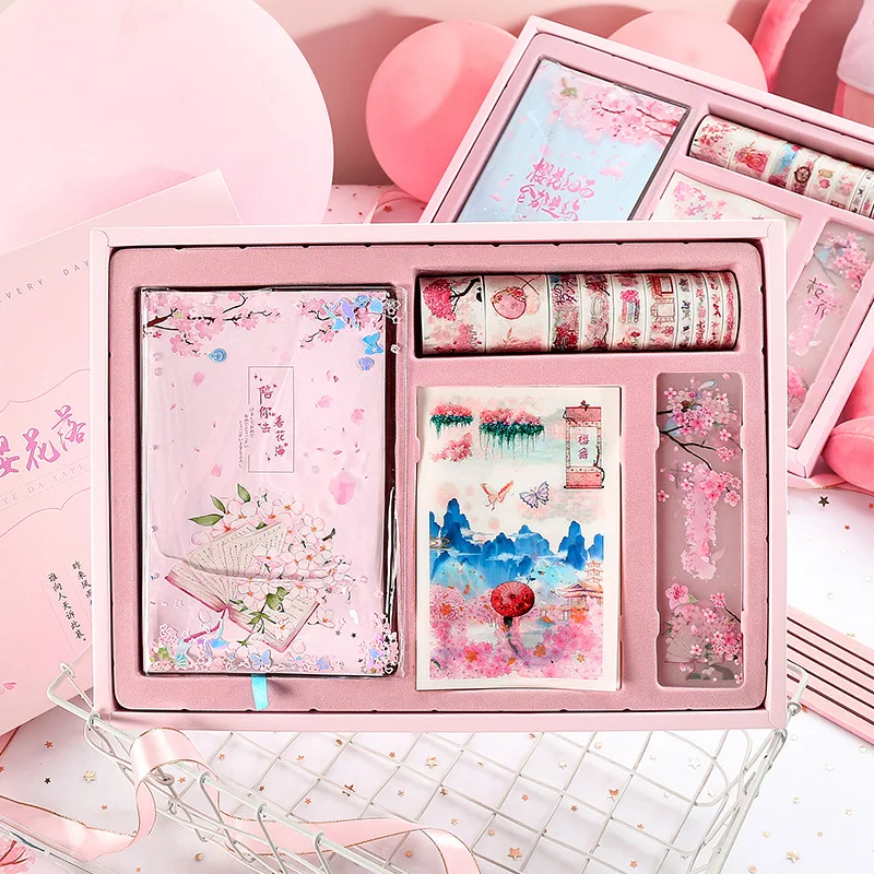 Sakura Series Notebook Gift Box Set Stationery Kawaii Pink Diary Book Journals Agenda Planner Washi Tape Exquisite Gift