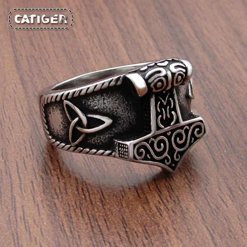 316L Stainless Steel New Viking Ring  Mjolnir Thor Hammer Celtics Knot Rings Men\'s Nordic Amulet Jewelry