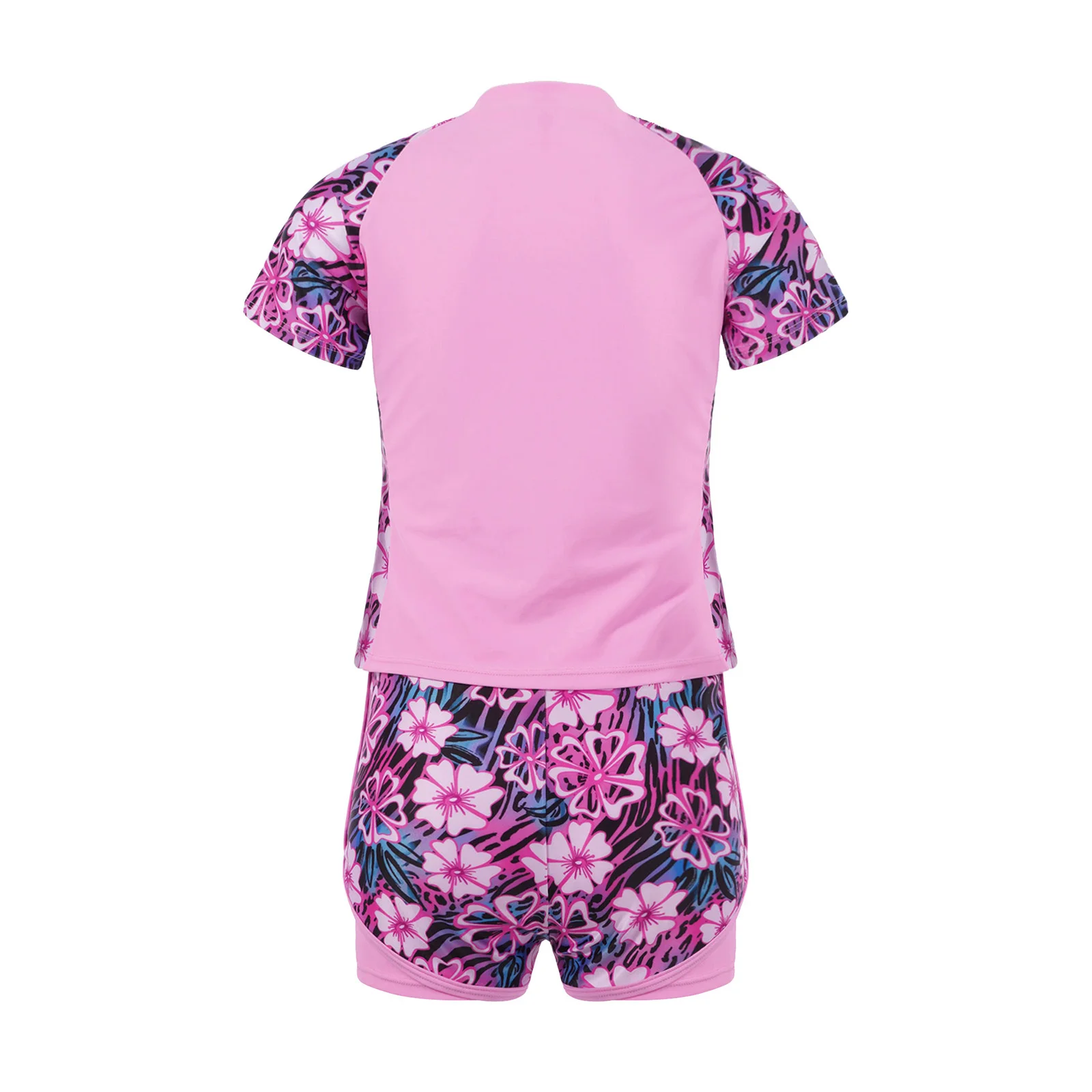 Kids Girls Print Short Sleeves Front Zipper Rashguard Shirt with Swim Shorts Water Sport Tankini Swimwear Bathing Suit Beachwear