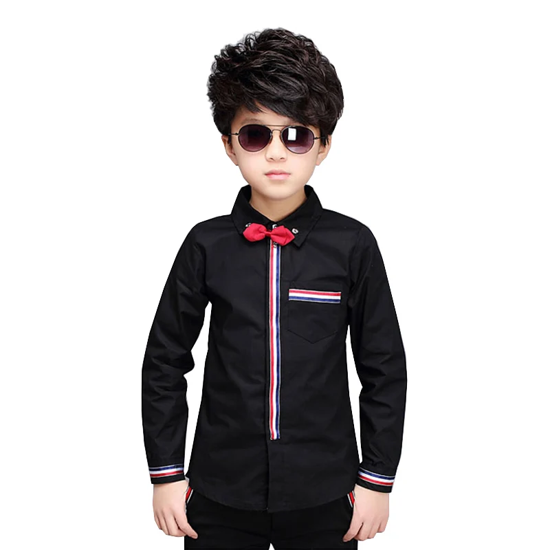 Teenage Boys Shirts Spring Cotton Long Sleeve Solid Shirt Kids White&Black Tops Teen School Bow Clothes 6 10 13 16 boy clothes