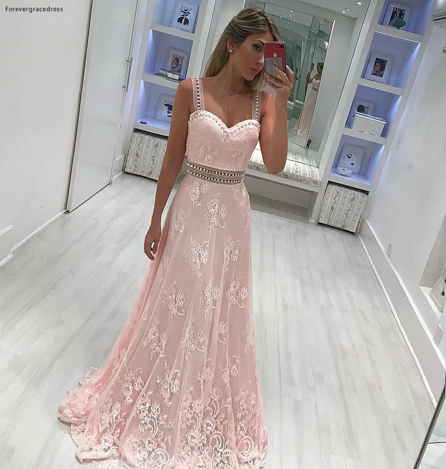 

2019 Light Pink Prom Dress Spaghetti Straps Lace Long Formal Pageant Holidays Wear Graduation Evening Party Gown Plus Size