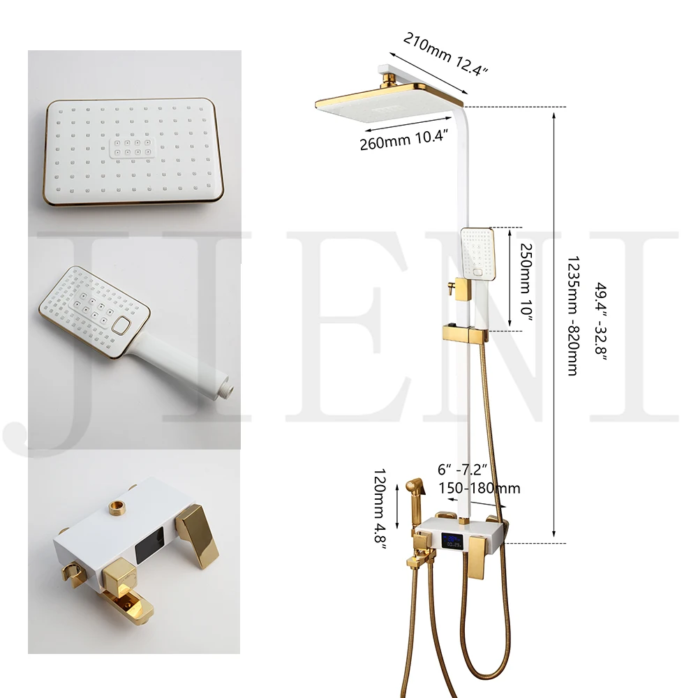 Imagem -02 - Jieni Branco Led Digital Conjunto de Chuveiro do Banheiro Fixado na Parede Termostática Sistema Chuveiro Quente e Fria Misturador Torneira Banho Pulverizador Quadrado