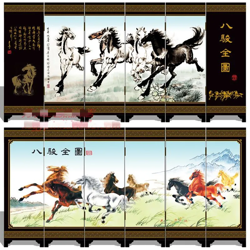 China Collectibles Decorated Hand Lacquer Painting 8 Horse Run Noble Screen Home table decoration