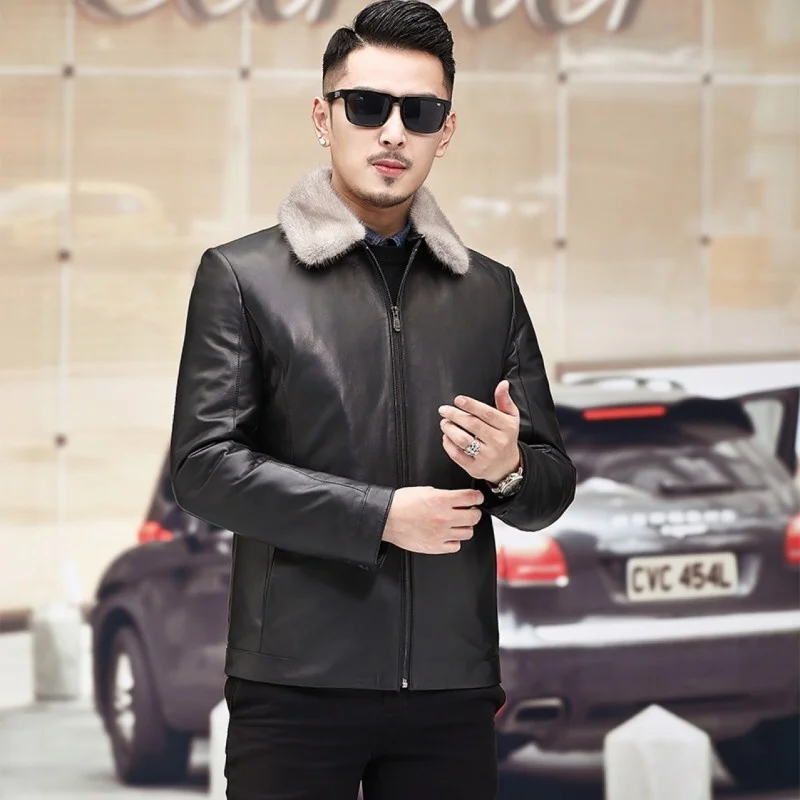 Business Winter Fashion High Quality Genuine Leather Down Coat Men Real Fur Collar Warm Thicken Outerwear Sheepskin Coat Male