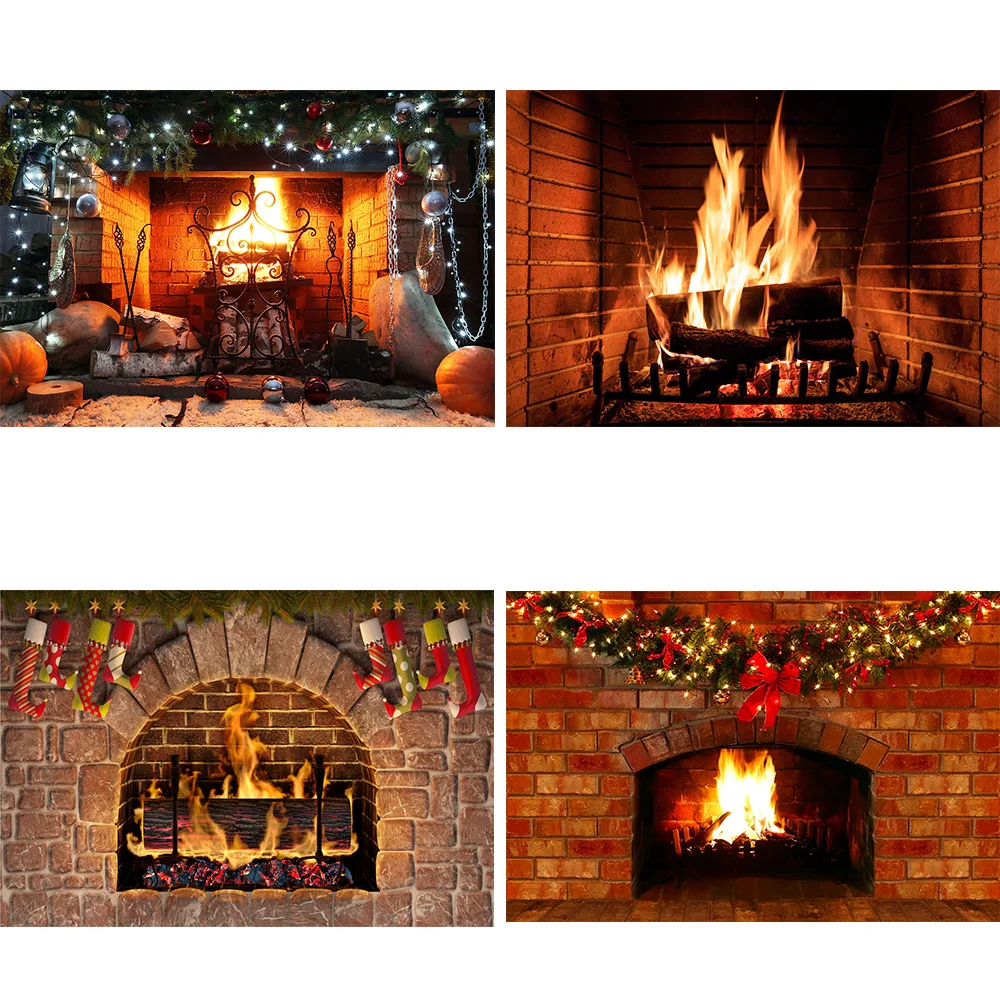 Fireplace Photography Background Winter Christams Party Backdrop Decoration Brick Wall Wood Fireplace Sock Photo Shoot Photocall