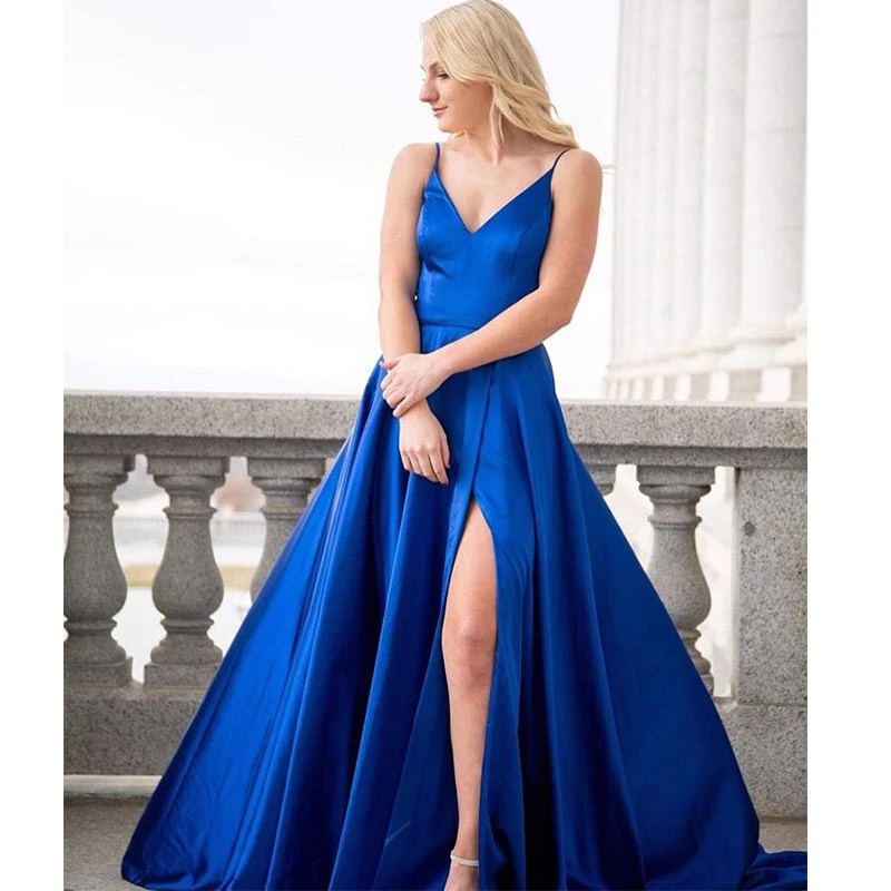 Royal Blue Lange Prom Dress Spaghettibandjes Satin Prom Jassen Voor Split Sexy Vestido De Fiesta De Graduacion Robe De soiree