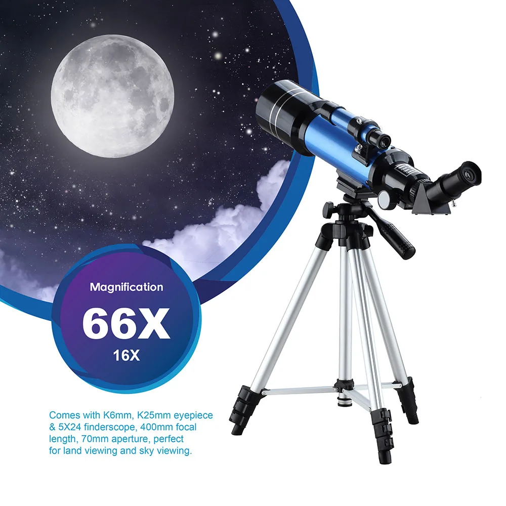 70mm Lens Astronomical Telescope with Adjustable Tripod Phone Adapter Erect-Image 16X/66X for Moon watching Beginner Kids Gift