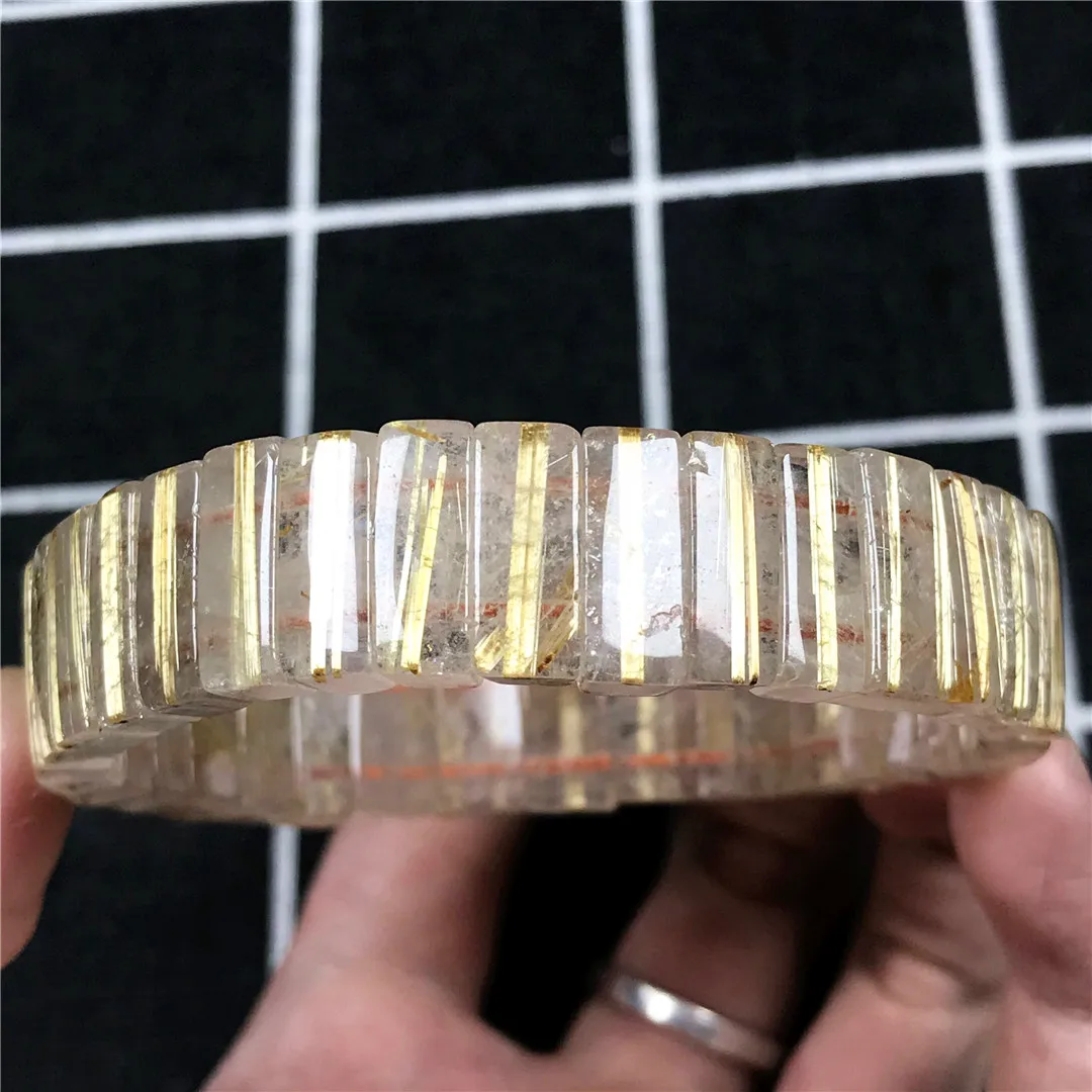 

Top Natural Gold Rutilated Quartz Bracelet Bangle For Women Men Wealth Healing Gift Crystal 14x5mm Beads Jewelry Strands AAAAA