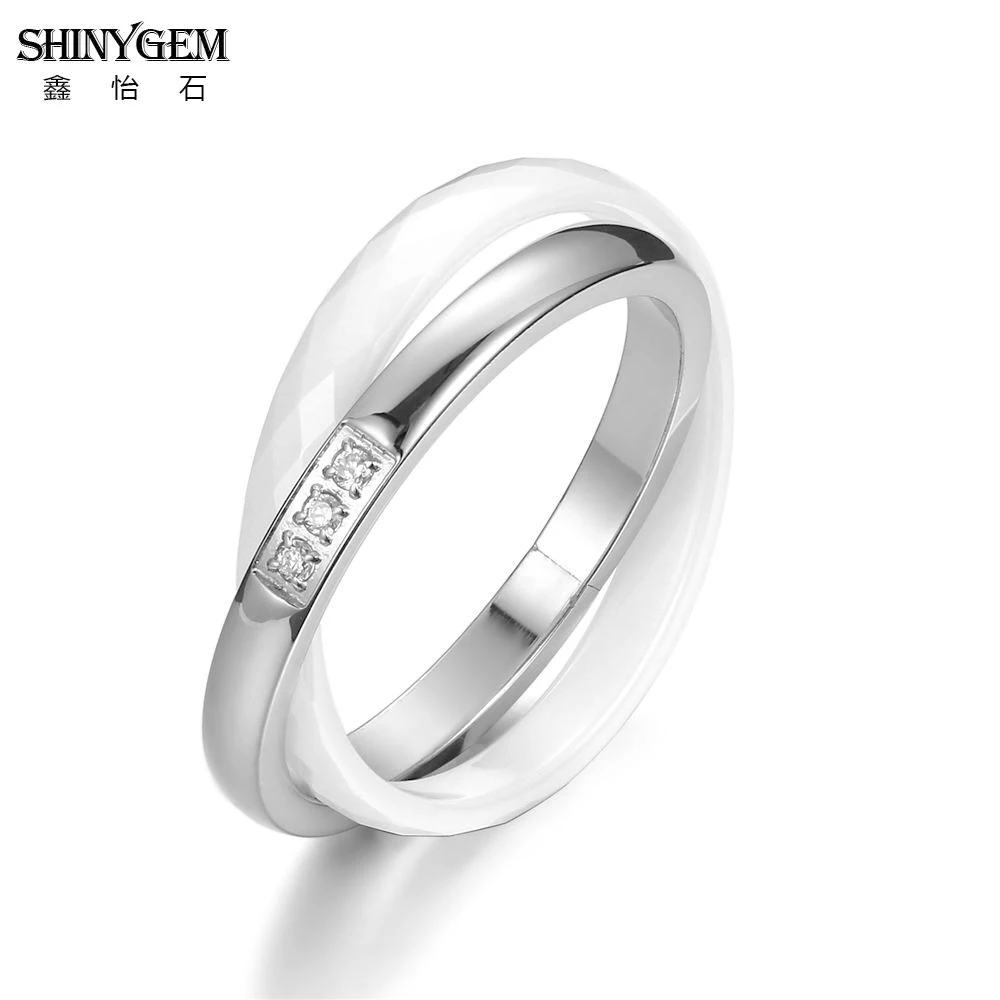 ShinyGem Fashion Stainless Steel Double Cross Ceramic Ring Black/White Micro Inlay Zircon Unique Pottery Rings For Women Wedding