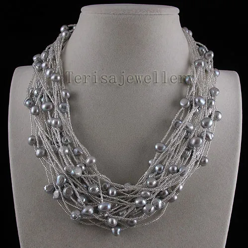 New Classic Women Pearl Jewelry 24 rows Silvers Gray Baroque Natural Freshwater Pearl Necklace