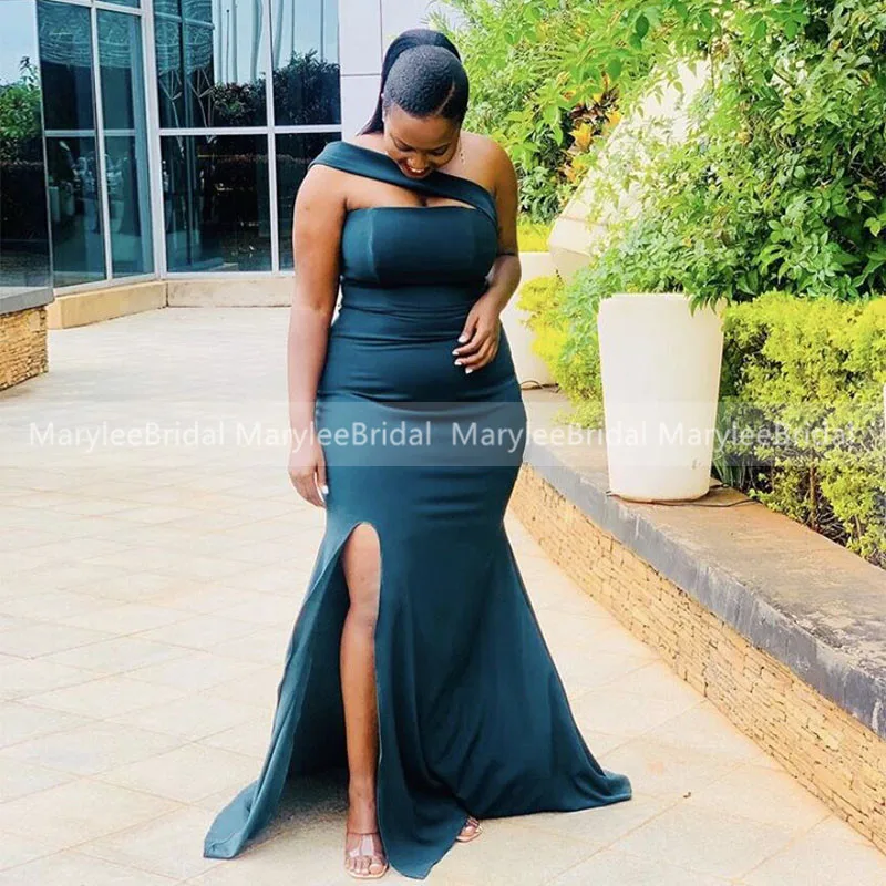 Sexy High Slit Dark Green Bridesmaid Dresses African Women Mermaid Off Shoulder Wedding Guest Party Dresses Vestido Madrinha