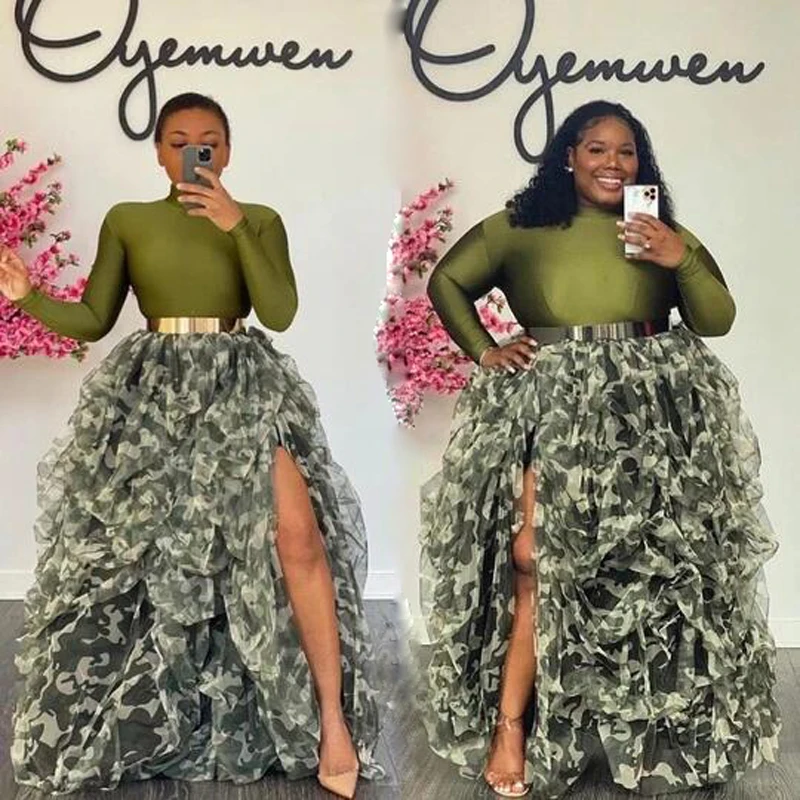 Camo Puffy Tulle Skirts For Women Side High Split Slit Birthday Skirt For Photo Shoot High Waist   Gown Only Sell Skirt