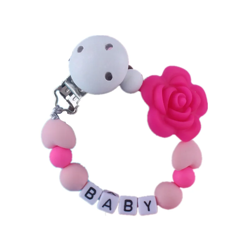 Personalized Name Rose Flower Pacifier Chain DIY Teething Toy Dummy Clips Chupetero Silicona Custom Holder