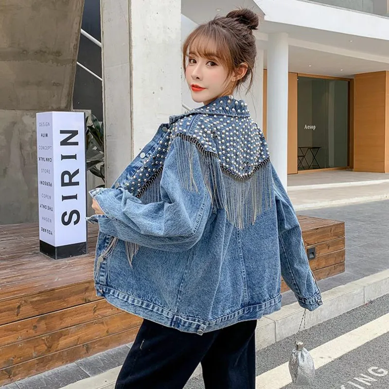 YUZACDWX Chaquetas Mujer 2024 Autumn Streetwear Denim Jacket Women Rivet Tassel Chain Short Jeans Jacket Loose Coats plus size