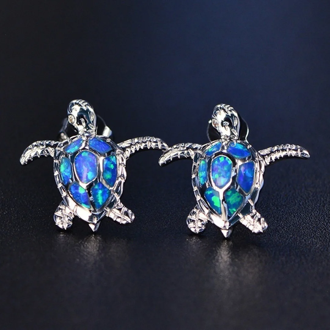 Cute Sea Turtle Stud Earrings For Women Fashion Imitation Blue Fire Opal Stud Earrings For Women Wedding Band Jewelry Gifts