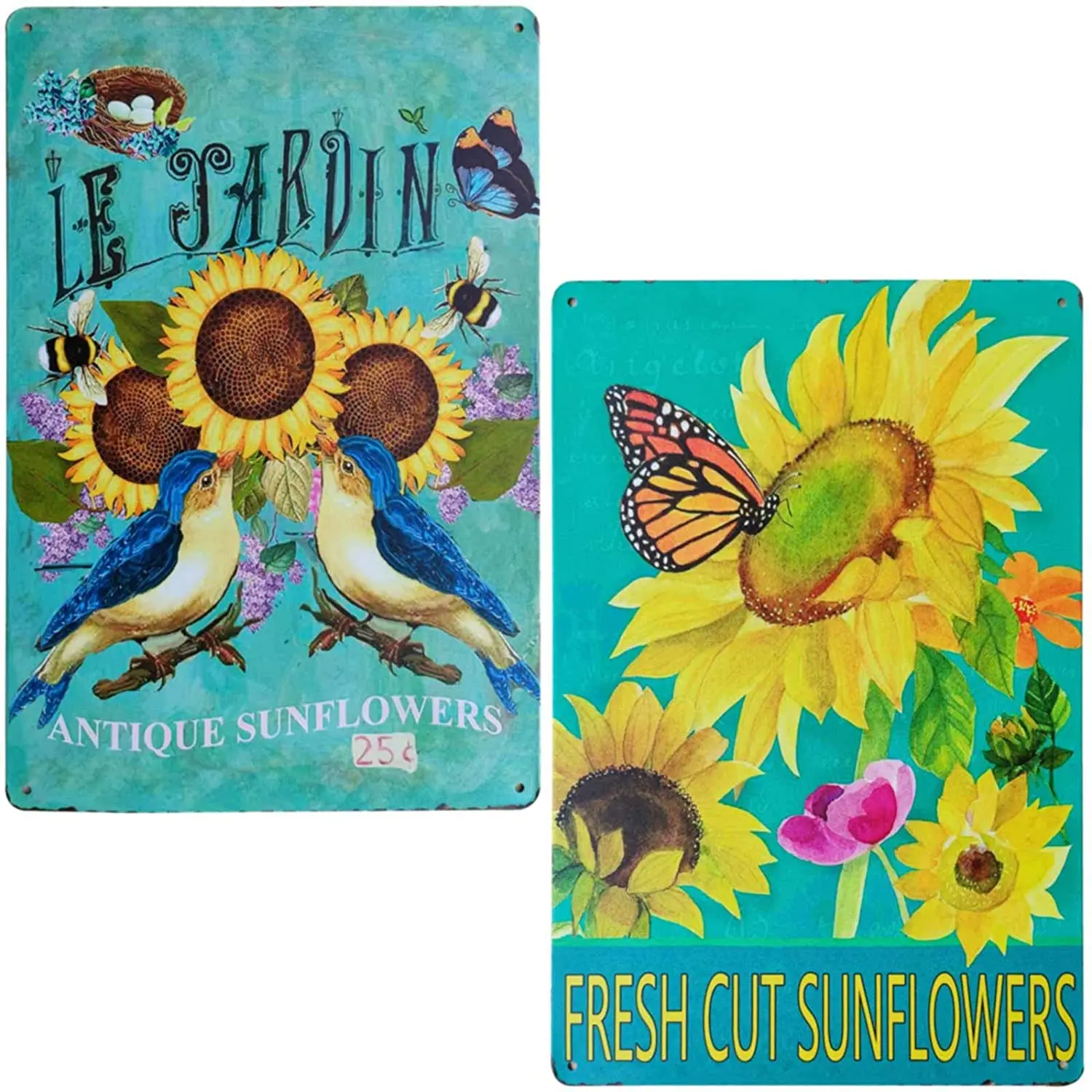 

TISOSO Le Jardin Rustic Sunflower Butterfly Birds Vintage Metal Sign Garden Themed Farmhouse Home Decor Bathroom Decorative