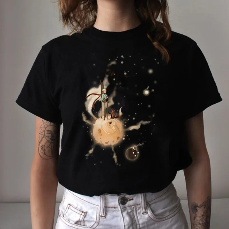 

Femme T-shirt Cartoon Earth Space Little Prince Print Hipster Short Sleeve Ropa Tumblr Mujer 2021 New Arrivals France grunge top