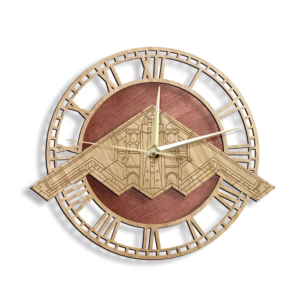 B-2 Spirit Stealth Bomber Fighter Attack Warplane Wooden Wall Clock Air Force Home Decor Aviation Hanging Timepiece Wood Clock