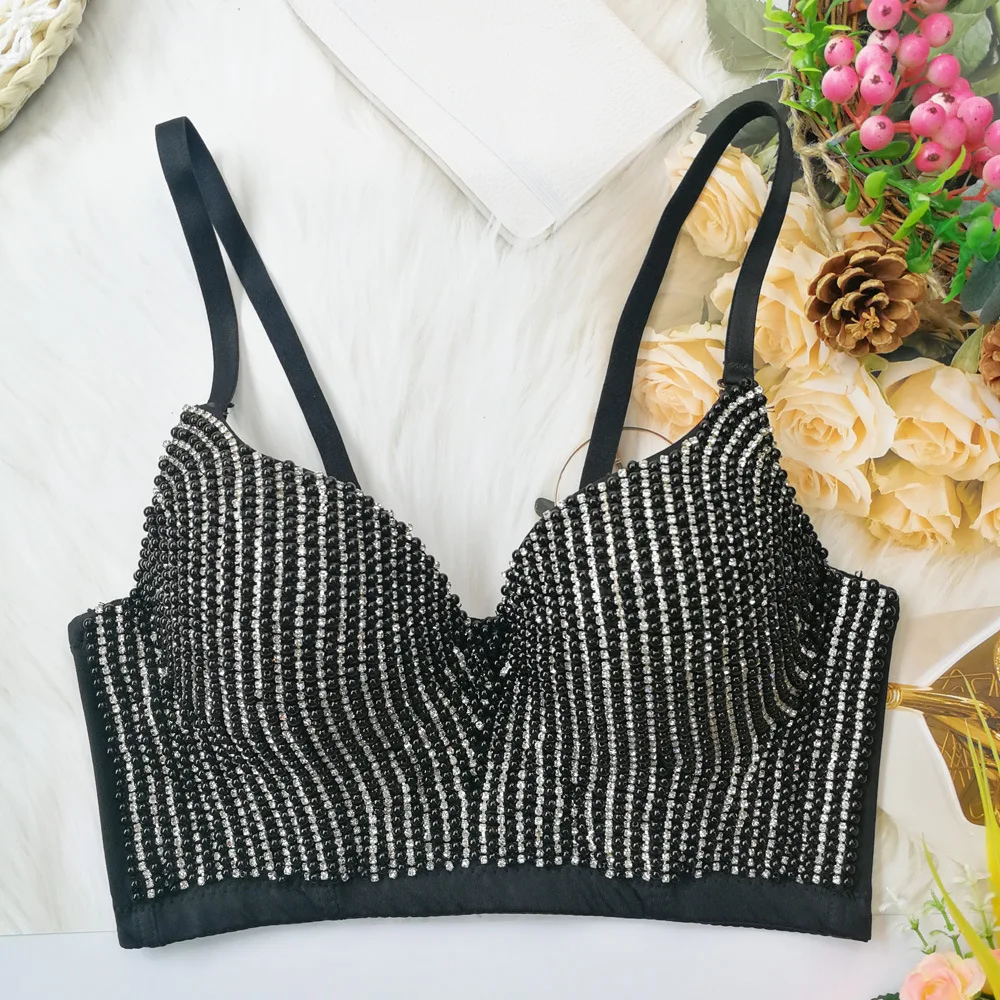 Cupnaya Full Pearls Women Stretch Crop Top Bustier Sexy Inside Camisole Short Corset Bralette Club Bar Stripper Vest Black White