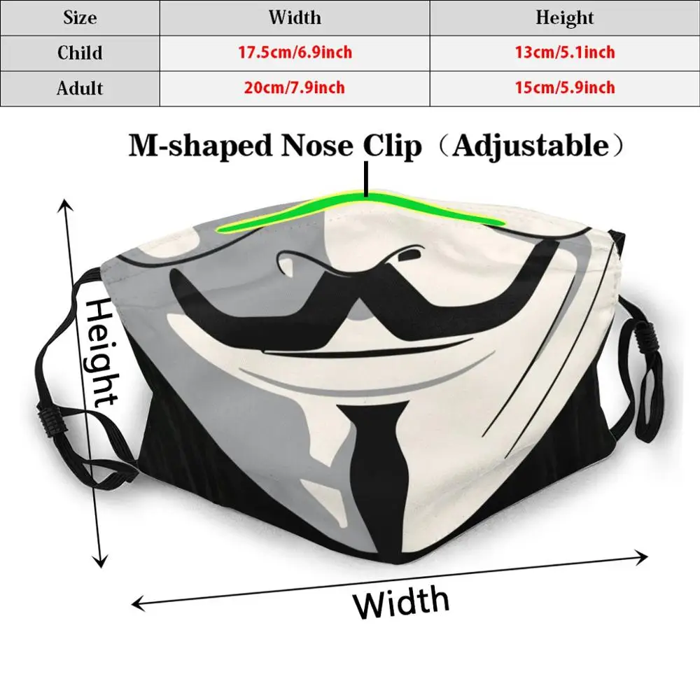 V revolução máscara engraçado impressão pm2.181 reutilizável filtro máscara facial diversão engraçado nerdy vingança v para vendetta anônimo v para vendetta